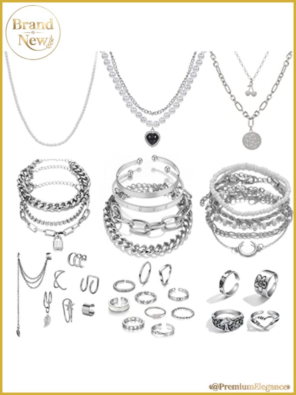 36 PCS Silver Plated Jewelry Set Necklace Bracelet Ear Cuffs Rings Women Gift